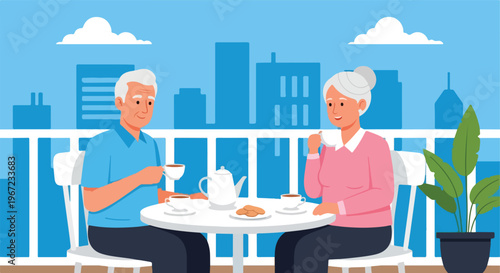 An elderly couple drinks tea at a small table on a balcony overlooking a city