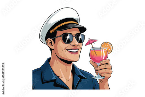 A smiling man wearing a captain s hat and sunglasses enjoys a tropical cocktail with an orange slice on transparent background.