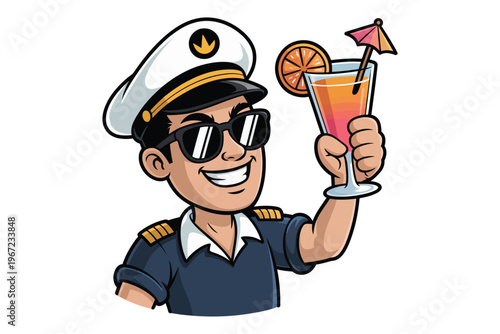 A smiling man wearing a captain s hat and sunglasses enjoys a tropical cocktail with an orange slice on transparent background.