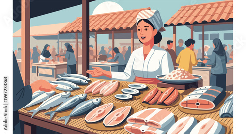 A smiling vendor sells fresh fish and seafood at a busy outdoor market stall