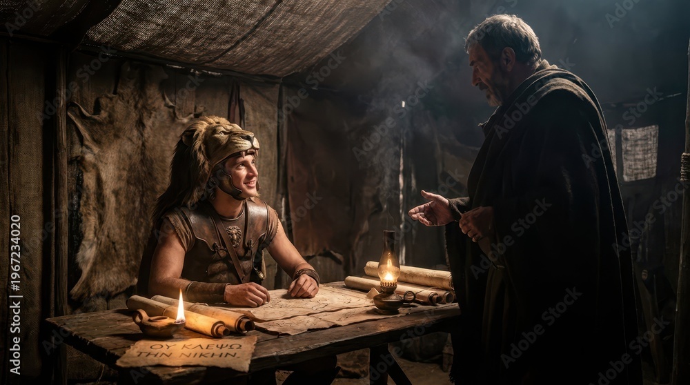Obraz premium Conversation Between Two Historical Figures in Rustic Setting