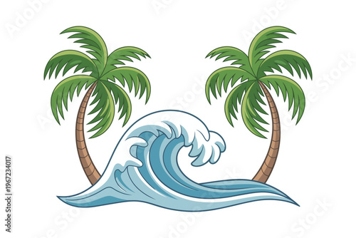 A vibrant cartoon illustration features two palm trees flanking a stylized ocean wave perfect for tropical designs on transparent background.