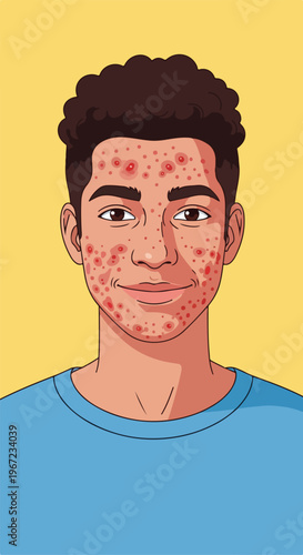 An illustration of a young man with curly hair and visible facial acne breakout
