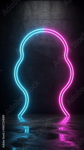Neon-lit human head outline in blue and pink hues, glowing brightly against a dark background, on a wet floor