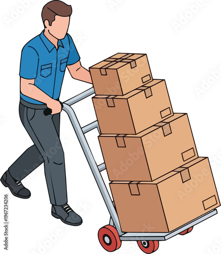 Delivery Courier Pushing Hand Truck with Cardboard Boxes Illustration, Logistics and Shipping Concept Isolated on White