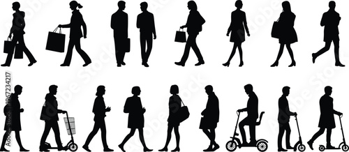Black silhouettes of various people walking, shopping with bags, and riding electric scooters, representing modern urban lifestyle, city commuting, and daily pedestrian activities.
