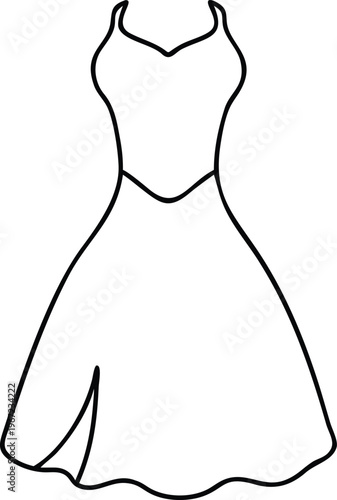 Elegant black outline drawing of a fashionable short summer dress with delicate spaghetti straps