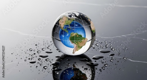 Glass globe of earth with reflections and water drops on gray surface
