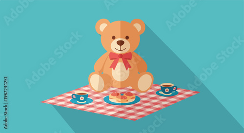 A cute teddy bear sitting on a picnic blanket with cups of tea and some cakes