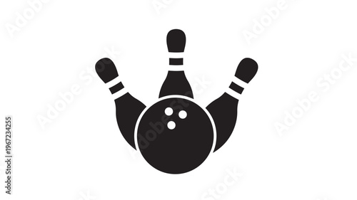 Bowling ball with three pins for a strike, representing a game of ten-pin bowling and athletic competition.