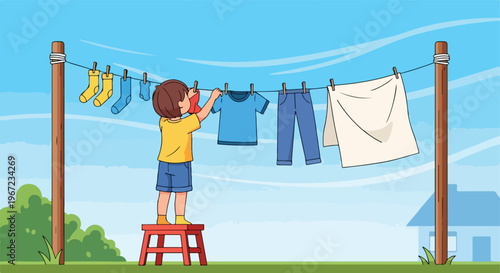 A small child standing on a red stool hanging clothes on a long outdoor line