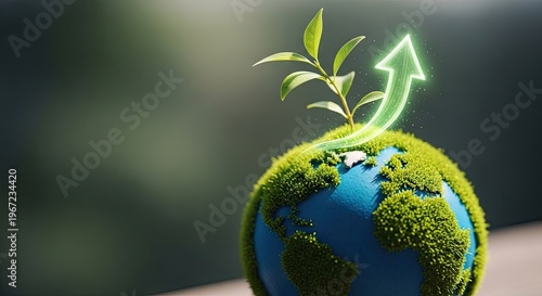 Globe with plant and growing arrow for sustainability and environmental concepts