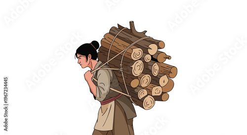 A person in historical clothing carries a heavy bundle of logs on their back
