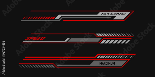Car race stripes set. Automobile identity. Vehicle marking elements for transport modifying. Speed lines, racing tuning strips or car stickers. Vector illustration isolated on black background