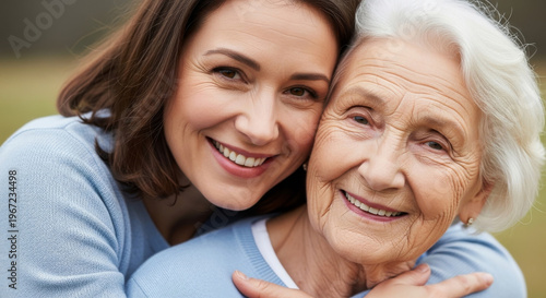 adult daughter embracing elderly mother outdoors warm family bonding moment in nature. Concept of aging care and love