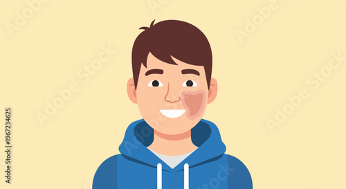 An illustration of a smiling young man wearing a blue hoodie with a birthmark