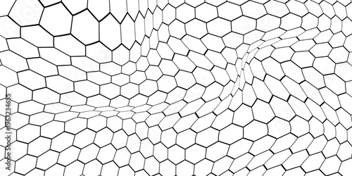 Fishing or soccer net. Repeated hexagon pattern. Black wired mesh texture isolated on white background. Metallic or fabric fence, cage or lattice structure. Vector graphic Illustration.