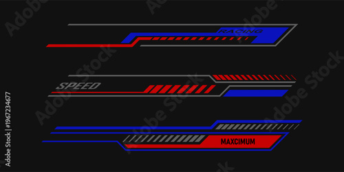 Car race stripes set. Automobile identity. Vehicle marking elements for transport modifying. Speed lines, racing tuning strips or car stickers. Vector illustration isolated on black background
