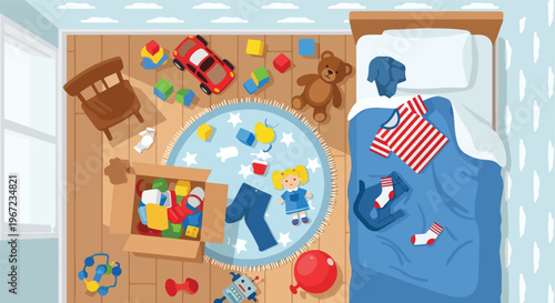 An overhead view of a messy child's bedroom filled with toys and scattered cloth