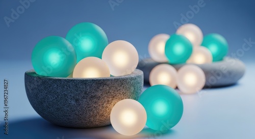Glowing spheres in a decorative bowl with soft light and a blue gradient background