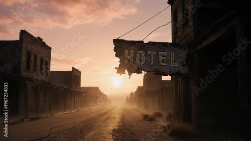 A dilapidated hotel sign hangs over a deserted street in a abandoned western town at sunset