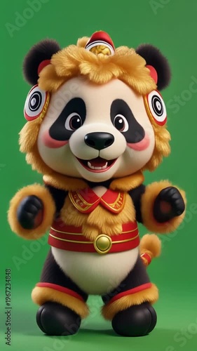 A panda bear mascot dressed in lion dance costume performing on green background for Chinese New Year celebration