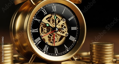 Golden alarm clock with coins time and finance concept illustration