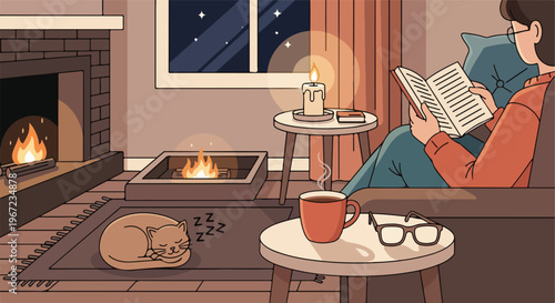 A cozy room at night featuring a person reading by a fireplace with a sleeping
