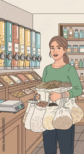 A person holding many reusable cloth bags filled with bulk food in a dry store