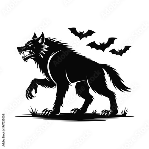 Aggressive werewolf silhouette walking with flying bats art.