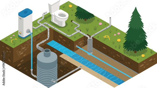 Isometric Underground Septic Tank and Sewerage System Illustration Showing Toilet Plumbing, Wastewater Treatment Pipes, Water Filtration Tanks, and Drainage Infrastructure for Sustainable Sanitation 