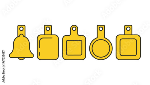 A set of yellow icon tags and a bell for labeling purposes