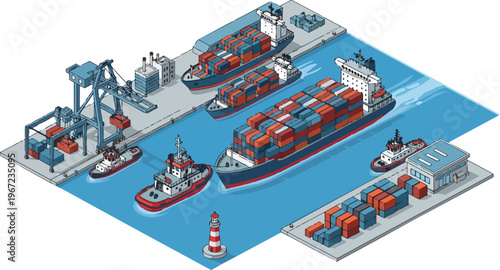 Isometric Cargo Port Illustration with Container Ships, Tugboats and Harbor Cranes for International Shipping and Logistics
