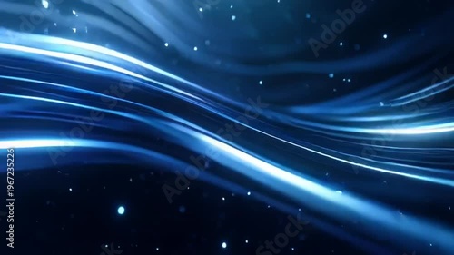 Glowing blue waves flow through a starry night sky with a dark background and bright streaks of light moving swiftly across the scene.