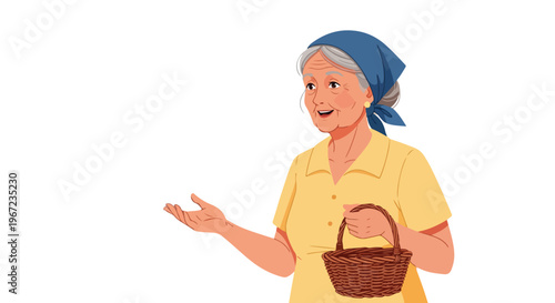 An elderly woman wearing a headscarf and yellow shirt carries a woven basket