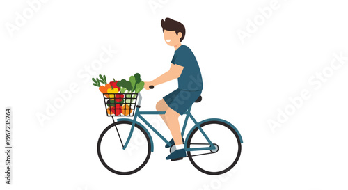 A happy young man riding a blue bicycle with a basket full of fresh vegetables