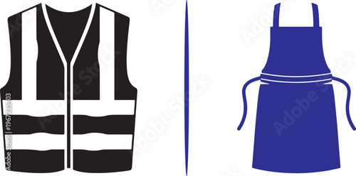 Dual-tone vector icons of a high-visibility reflective safety vest and a protective blue work apron. Represents occupational safety apparel for construction, workshops, and industrial labor.