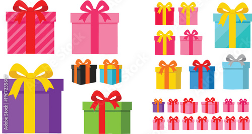 Colorful Gift Box Present Set with Ribbon and Bow, Birthday and Christmas Holiday Package Collection for Party Celebration Vector Illustration