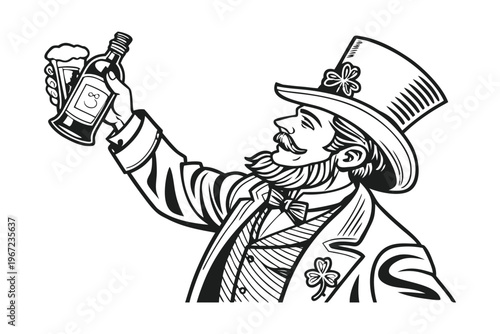 Leprechaun Man Holding Whiskey for St Patrick’s Day Vintage Illustration. Vintage black and white vector illustration of a classic Irish leprechaun man, detailed engraving style.