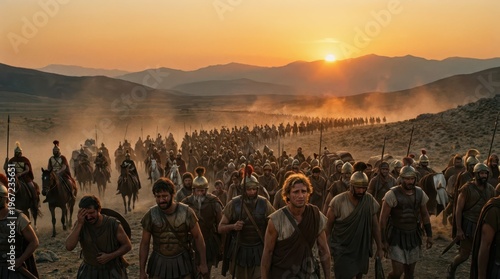 Ancient Warriors Marching at Dusk with Dramatic Mountain Landscape