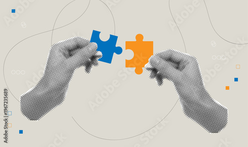 Modern  halftone collage human hands connecting jigsaw puzzle together,business success concept,modern collage elements cut out from paper
