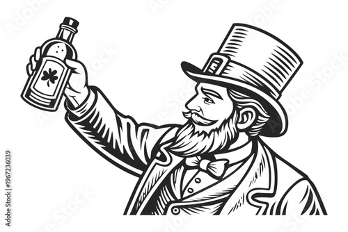 Leprechaun Man Holding Whiskey for St Patrick’s Day Vintage Illustration. Vintage black and white vector illustration of a classic Irish leprechaun man, detailed engraving style.