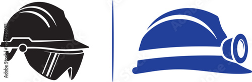 Dual-tone vector icons of a black hard hat with integrated safety goggles and a blue miner's helmet with a mounted headlamp. Represents essential head protection for construction and mining.