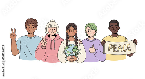 Diverse group of people showing peace signs and holding a globe and a peace sign banner