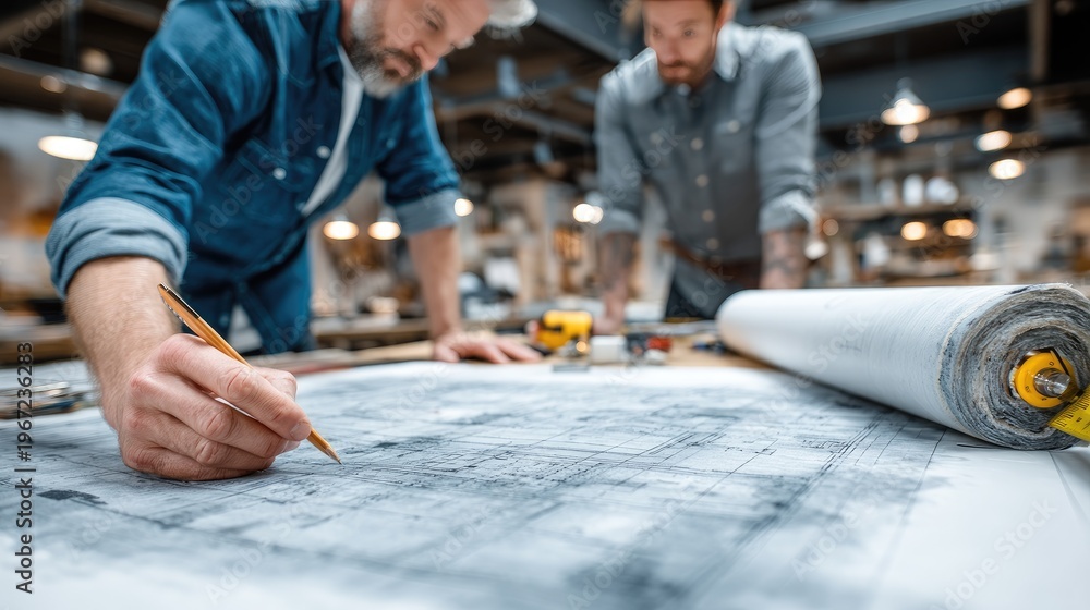 Fototapeta premium Architects rolling out a large blueprint on a table, measuring with ruler, project planning interaction 