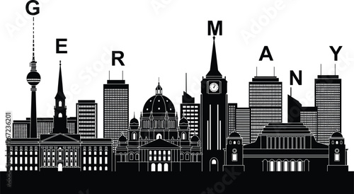 Germany skyline silhouette with Berlin TV Tower, famous landmarks, architectural illustration, tourism concept, cultural heritage, black and white vector art