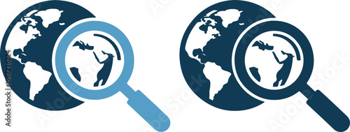 Magnifying glasses examining global maps on earth icons in blue tones