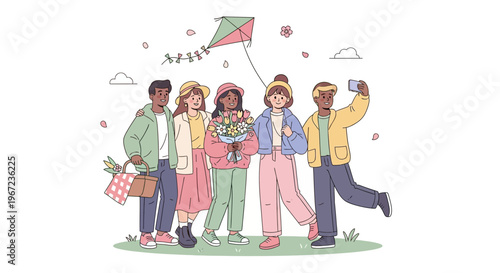 Diverse group of young friends enjoying a vibrant outdoor spring day, embracing community and capturing joyful memories with a selfie and a festive kite