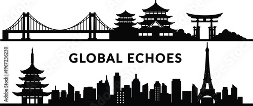 Global landmarks silhouette with Eiffel Tower, pagoda, torii gate, suspension bridge, cultural diversity skyline, unity theme, cad drawing flat vector illustration
