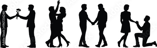 Silhouette collection of romantic couples in various stages of a relationship, including a flower gift, dancing, holding hands, and a marriage proposal scene.